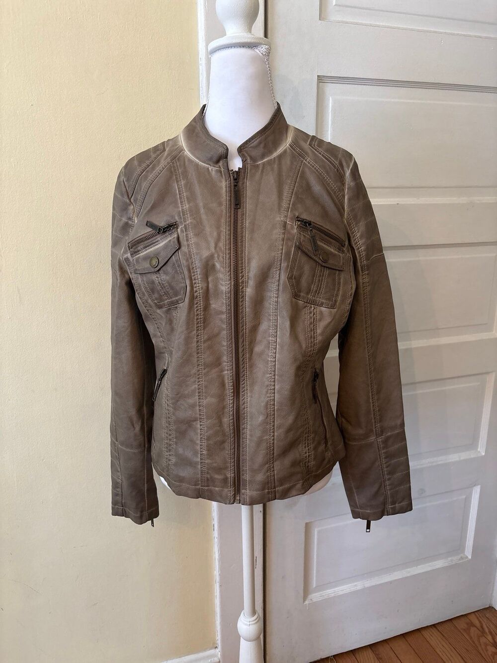 faux leather motorcycle jacket moto pockets olive green pleather bomber trendy